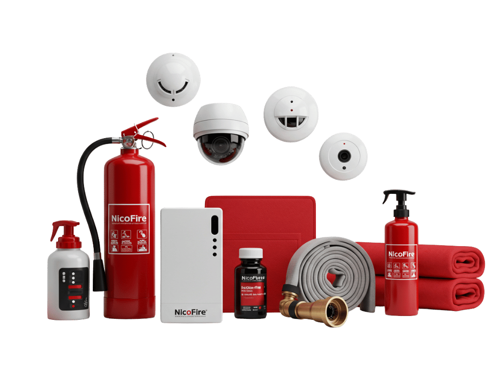Group of Nicofire branded fire safety products including a red fire extinguisher, CCTV cameras, smoke detectors, fire blanket, fire hose, fire alarm control panels, fire suppression bottle, and other safety equipment, neatly arranged on a white and red gradient background