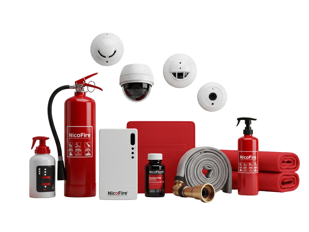 Group of Nicofire branded fire safety products including a red fire extinguisher, CCTV cameras, smoke detectors, fire blanket, fire hose, fire alarm control panels, fire suppression bottle, and other safety equipment, neatly arranged on a white and red gradient background