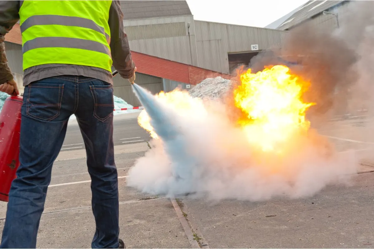Fire safety training in Nepal – Industrial worker using a fire extinguisher during live fire drill with safety gear and flames in outdoor training session